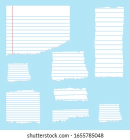  Set of torn note,  grainy paper strips stuck. Isolated. Vector illustration. Ripped blank note, notebook stacked paper strips for text or message stuck on white background.