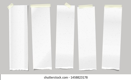 Set of torn note, notebook, blank vertical paper strips stuck with yellow sticky tape on grey background. Vector illustration