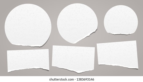 Set of torn note, notebook grainy paper stuck on grey background. Vector illustration