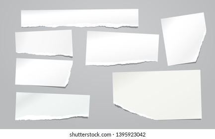 Set of torn note, notebook grainy paper strips stuck on grey background. Vector illustration