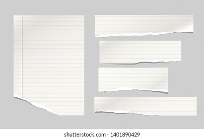 Set Of Torn Note, Notebook Lined Paper Strips Stuck On Grey Background. Vector Illustration