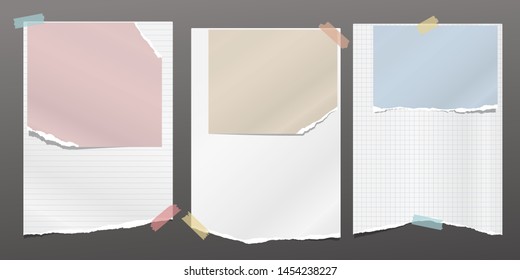 Set of torn note, notebook lined, squared colorful and white paper sheets stuck on dark grey background. Vector illustration