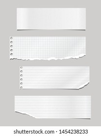 Set of torn note, notebook lined, squared paper strips stuck on grey background. Vector illustration