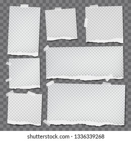 Set of torn note, notebook paper strips with squared pattern stuck with sticky tape on squared grey background. Vector illustration.