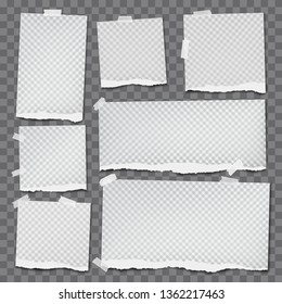 Set of torn note, notebook paper strips with squared pattern stuck with sticky tape on squared grey background. Vector illustration
