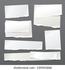 Set of torn note, notebook paper strips stuck on squared background. Vector illustration