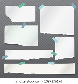 Set of torn note, notebook paper strips stuck with sticky tape on black squared background. Vector illustration