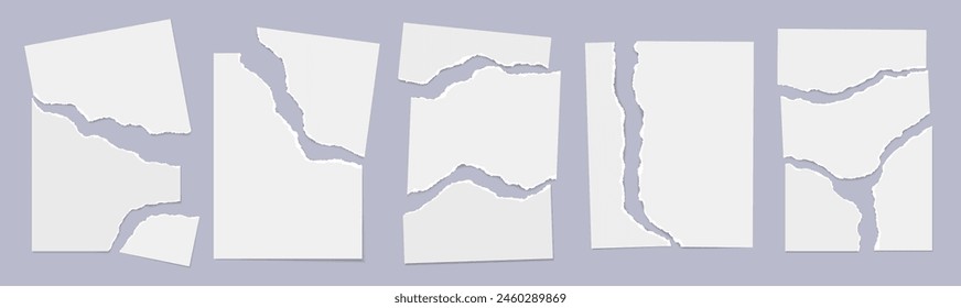 Set of torn note, notebook paper with soft shadow are on light grey background for text. Vector illustration.