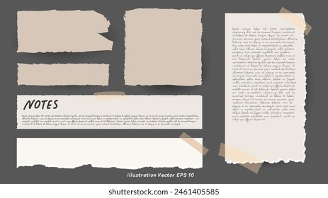 Set Torn note, notebook paper pieces are on dark grey background for text, advertising or design on gray background, Vector illustration EPS 10