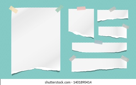 Set of torn note, notebook white paper strips stuck with sticky tape on turquoise background. Vector illustration