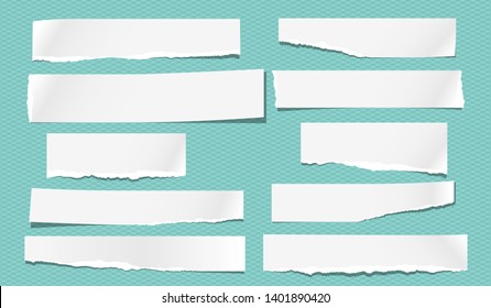 Set of torn note, notebook white paper strips stuck on turquoise background. Vector illustration