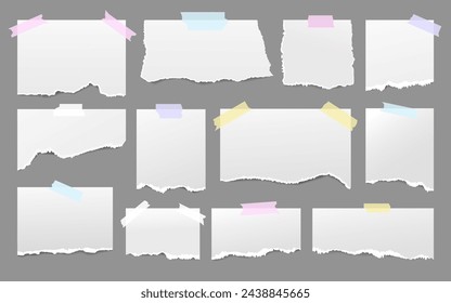 Set of torn note paper attached colorful plasters, ripped pieces, memo sheets or notebook shred. Paper scraps with torn edges vector illustration. Design for social media, banner, poster