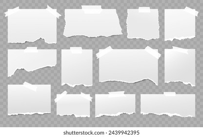 Set of torn note paper attached plasters, ripped pieces, memo sheets or notebook shred. Paper scraps with torn edges vector illustration. Design for social media, banner, poster