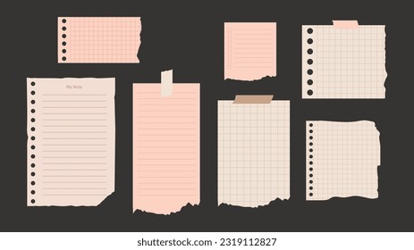 Set of torn note papers. Collection of paper pieces. Vector illustration.