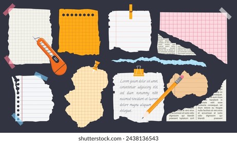 Set of torn notebook pages with scrapbooking elements. Trendy ripped paper scraps. 