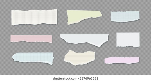 Set of torn notebook paper pieces isolated on transparent background. Vector realistic illustration of blank ripped diary sheet with uneven edges, memo strips with grid, stripe, dot design, garbage