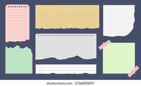 Set aus zerrissenem Notebook-Papier mit Linien, Raster und Punktlinien. Tagebuch, Planer und Scrapbook Pastellfarbelemente. Vektorgrafik.