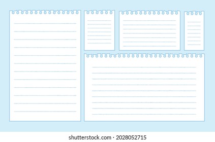 A set of torn notebook paper in various sizes. Line type