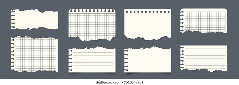 Set of torn notebook paper vector templates with grid lined blank sheets. Realistic ripped edges. Flat style for notes, scrapbooking, collage, memos, school education design, reminders, overlays
