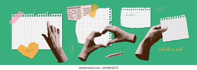 A set of torn notebook papers with torn out paper elements of halftone collage hands and stickers. Scotch tape and newspaper parts. Modern punk notes. Back to school. Vector