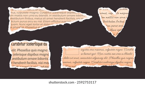 Set of torn old newspaper with text in realistic style