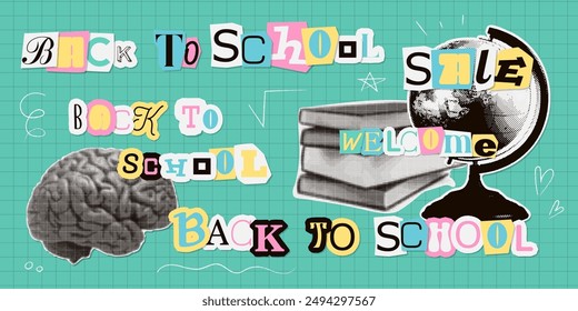 Set of torn out paper words on the theme of back to school. Trendy halftone collage, globe and books, brain, zine lettering, on green checkered background. Concept of learning, knowledge. Vector