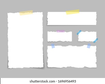 Set of torn paper affixed with duct tape. Paper waste. Torn paper, torn sheets and a sheet of paper for notes. Vector illustration.