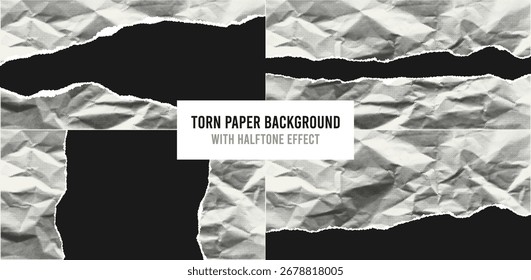 Conjunto de fundos de papel rasgado com efeito de meio-tom. Pedaços de papel meio-tom amassado com bordas rasgadas e espaço para texto. Modelo para cartazes, banners e sobreposições. Ilustração vetorial.