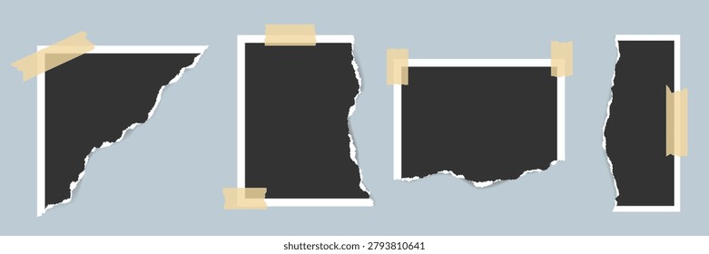 Set of Torn paper card vector with adhesive tape stripes. Ripped instant photo mockup. Glued piece of snapshot. Collage element with rough scrap border. Great for scrapbook, collages, mood board