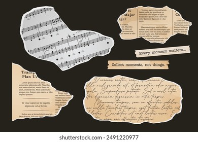 Set of torn paper, collage of notebook sheets, old newspaper, letter, music sheet vintage scrapbooking. Paper cut out elements