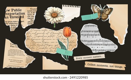 A set of torn paper, a collage of notebook sheets, an old newspaper.  stamp butterfly and flower, vintage scrapbook. Paper cut elements