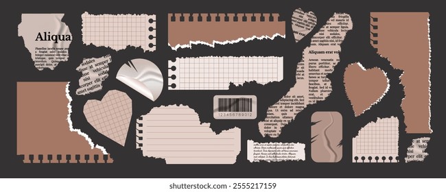 Set of torn paper in color of the year 2025 Mocha Mousse. Notepad sheets, scraps of notebook page, torn letter and newspaper, cut out hearts, stickers. Vector design template in aged style.