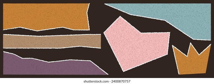 Conjunto de papel desgarrado de diferentes colores con textura de grano.Cuadrado, corazón, corona, rectángulo y otras formas abstractas. Formas nítidas, distorsionadas y afiladas para los collages retro.