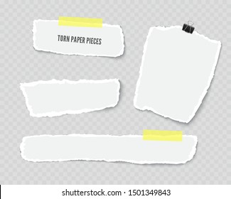 Set of torn paper different shapes scraps with adhesive tape and paper clip isolated on transparent background