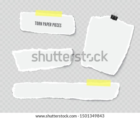 Set of torn paper different shapes scraps with adhesive tape and paper clip isolated on transparent background