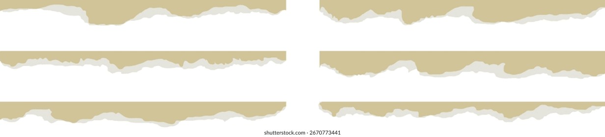 Set of torn paper edge vector templates with ripped strip designs in yellow and white. Realistic rough tear borders for creative background and collage art. High-quality grunge style graphic elements.