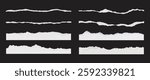 Set of torn paper edges on a black background. Torn paper textures in various shapes. Torn paper design elements for creative projects. Ripped paper element set. Vectors.