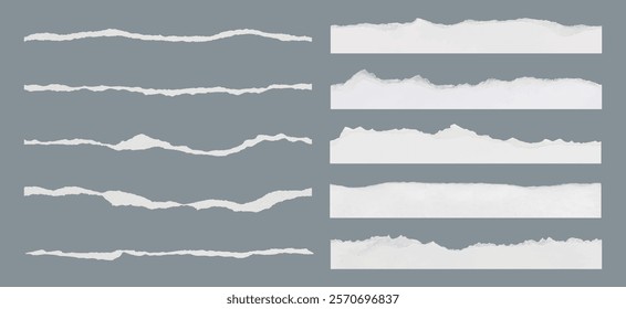 Set of torn paper edges on a gray background. Torn paper textures in various shapes. Torn paper strips create a rough, textured look. Torn paper for design use. Ripped element set. Vectors.