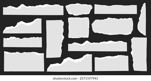 Set of torn paper edges on a dark background. Ripped paper, paper edges. Various shapes of torn paper for design projects. Element vector collection.