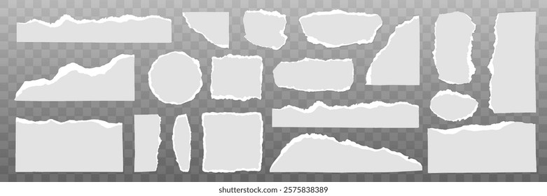 Set of torn paper edges on transparent background. Torn paper strips, torn paper shapes, and torn paper designs for creative projects and scrapbooking. Element vector collection.
