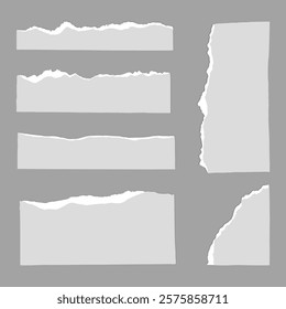 Set of torn paper edges on a gray background. Torn paper textures for design. Realistic torn paper effect for scrapbooking or collage projects. Gray element vector set.