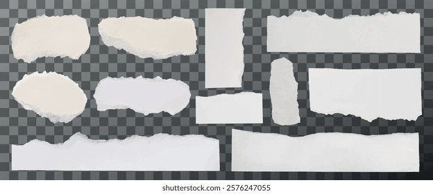 Set of torn paper edges on transparent background. Torn paper with rough edges. White torn paper pieces for design. Torn paper collection for creative projects. Ripped element set. Vectors.