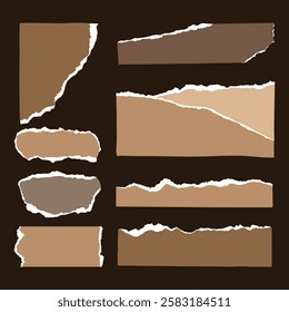 Set of torn paper edges on a dark background. Torn paper textures in various shapes. Torn paper strips, rough edges, and ripped paper details. Brown element vector set.