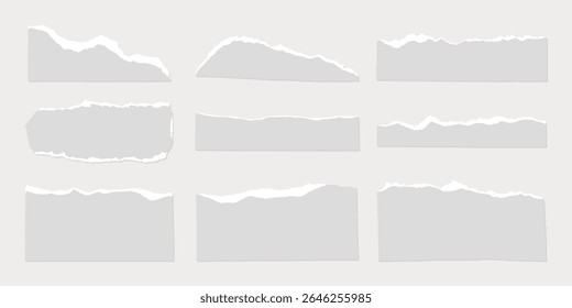 Conjunto de bordas de papel rasgado, apresentando vários projetos de papel rasgado. Papel rasgado, bordas de papel rasgado em diferentes formas e tamanhos. Perfeito para projetos criativos. Conjunto de vetores de elemento cinza.