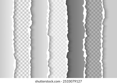 A set of torn paper edges in various gray shades on a transparent background. The vector illustration of realistic ripped paper effects for design elements, frames, borders in graphic design projects