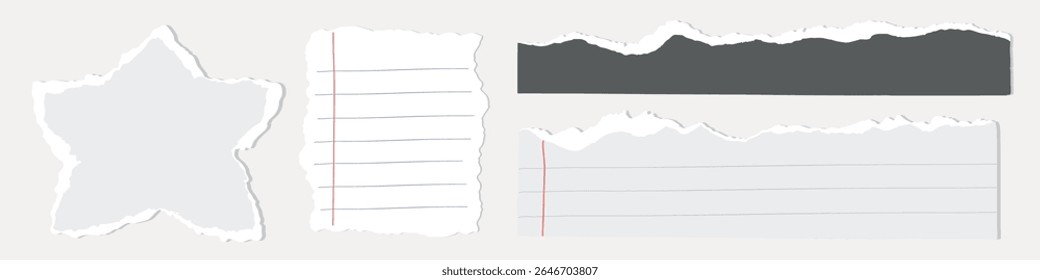 Conjunto de bordas de papel rasgadas em várias formas. Estrela de papel rasgada, papel forrado e tiras em branco. Texturas rasgadas e bordas para projetos de design. Conjunto de vetores de elemento de papel extraído.