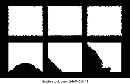  Set of torn paper frames. Black vector collage shape of ripped paper silhouettes isolated on a white background. Old vintage paper backgrounds. Abstract overlay scratched design. Vector illustration.