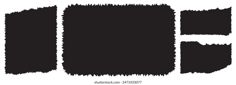 Set of torn paper frames. Black vector collage shape of ripped paper silhouettes isolated on a white background. Old vintage paper backgrounds. Abstract overlay scratched design. Vector illustration