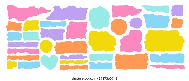 Set of torn paper frames. Bright color palette collage shape of ripped paper silhouettes. Old vintage paper backgrounds. Abstract pastel overlay scratched design. Vector illustration