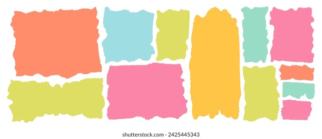 Set of torn paper frames. Bright color palette collage shape of ripped paper silhouettes. Old vintage paper backgrounds. Abstract bright colors overlay scratched design. Vector illustration